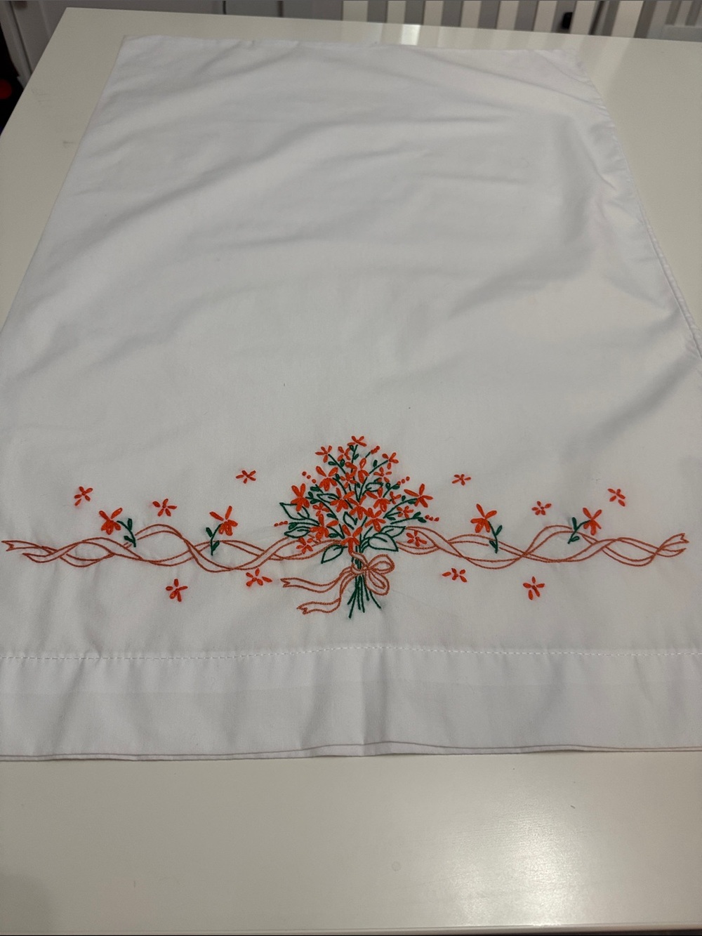 Single White Embroidered Floral Pillowcase - White - Picture 3 of 4